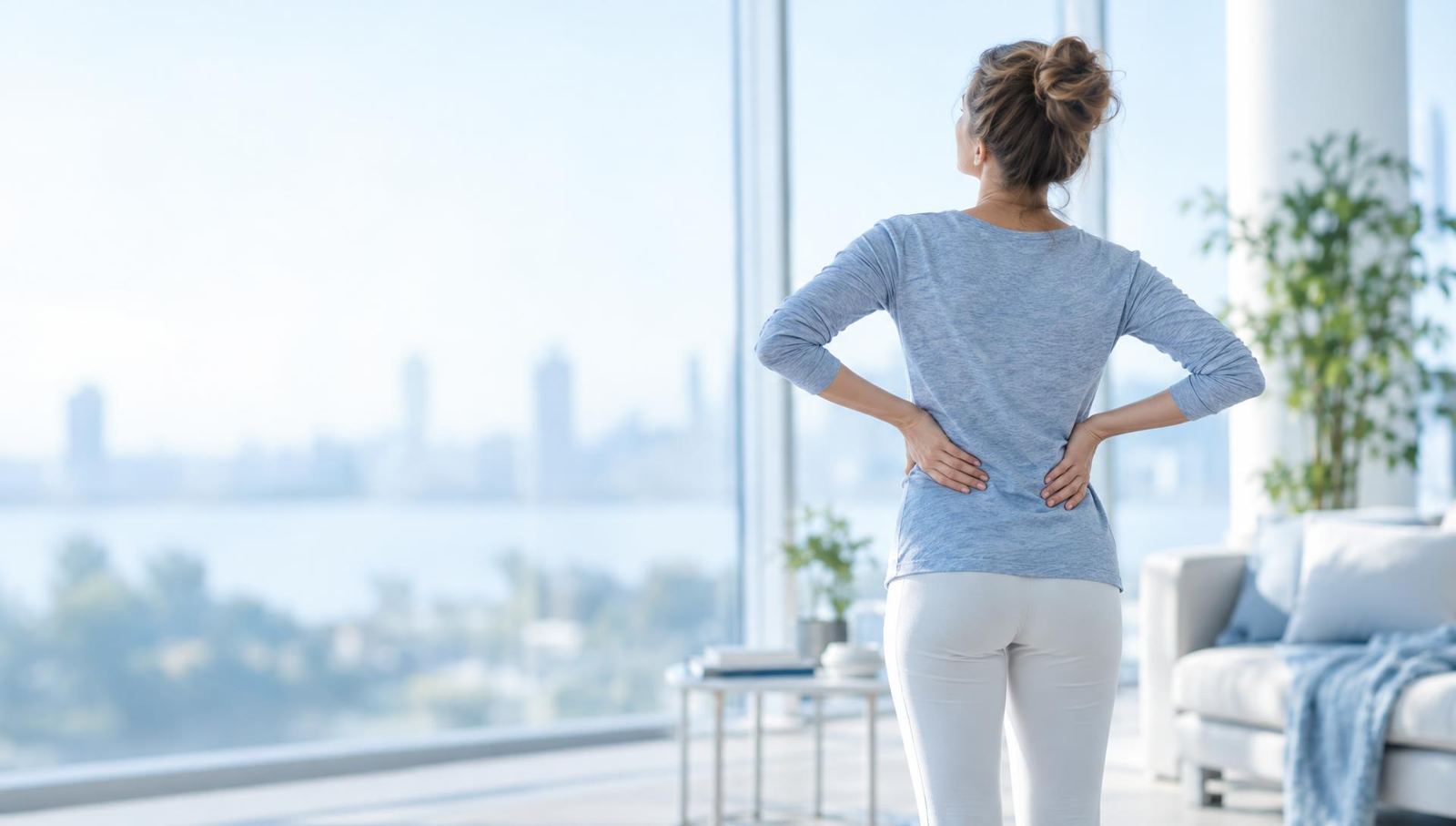 A patient standing tall in a bright room, hands resting on her lower back